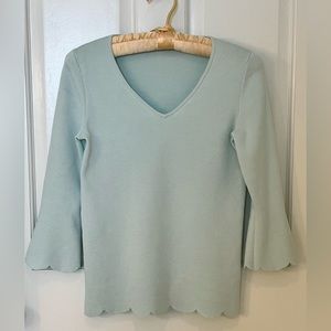 TALBOTS pale aqua cotton blend sweater w/ scallop edges, 3/4 bell sleeve. Sz PP